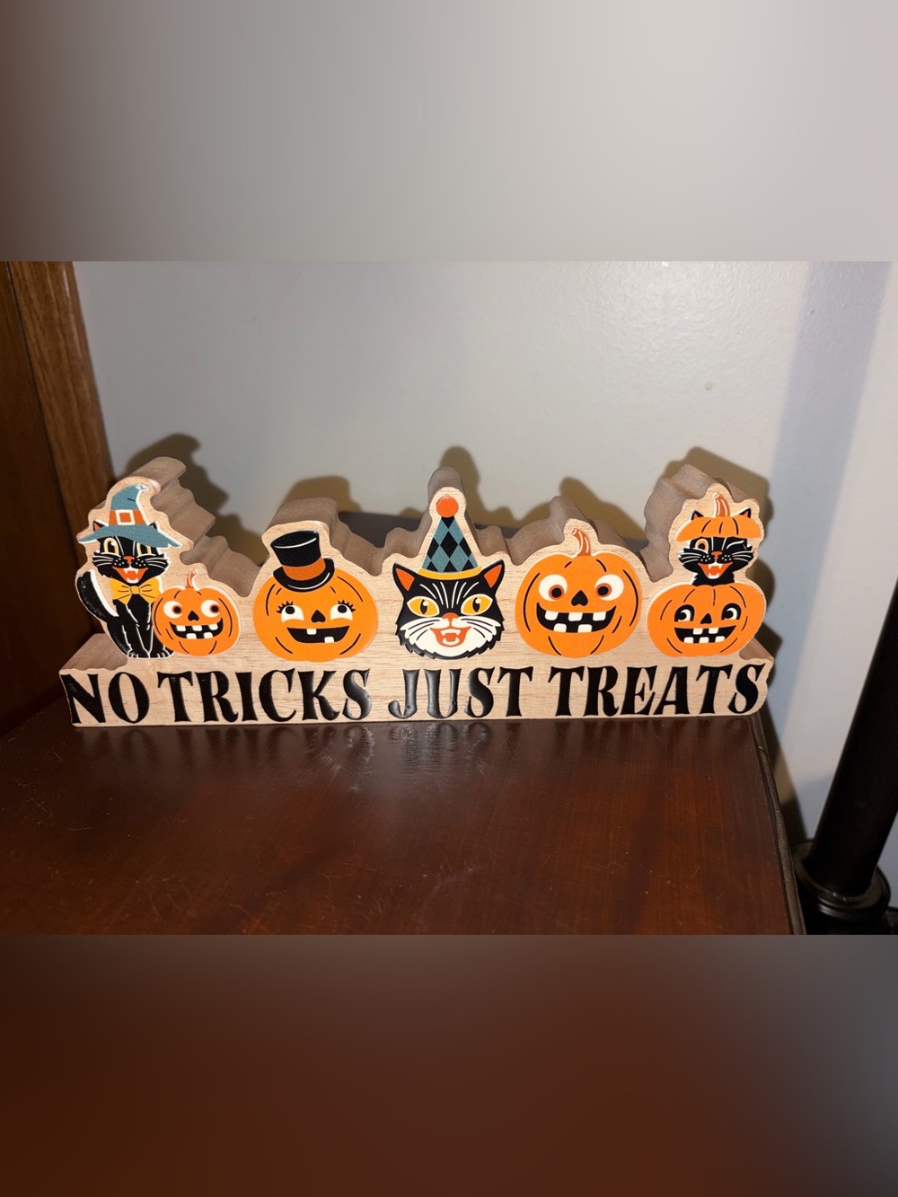 Halloween 'No Tricks Just Treats' Wooden Table sign  Decor - Orange & Black